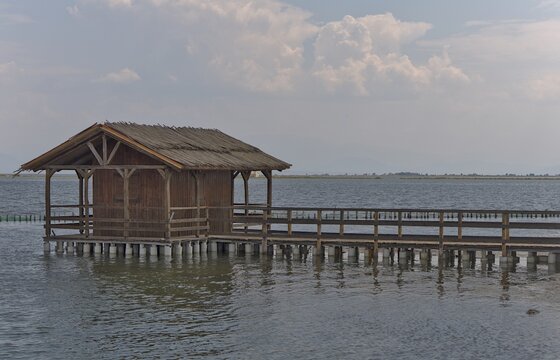 Traditional Pellada Wooden House on Messolonghi Lagoon in Greece