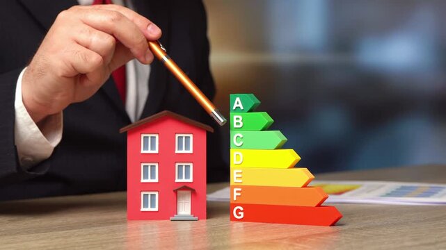 A businessman talks about home energy efficiency. Carbon footprint monitoring. Climate impact metrics. Home smart control reduce costs and improve comfort in housing.