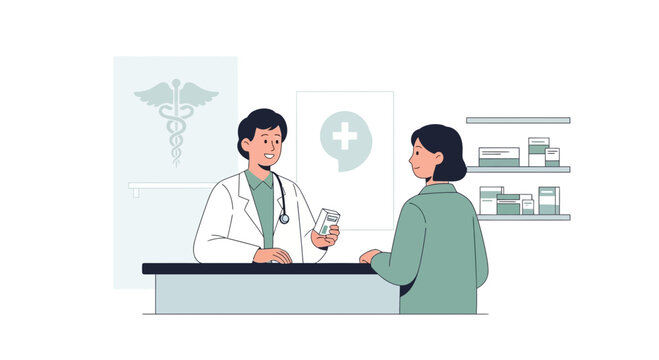 Doctor consulting patient at pharmacy counter with medication