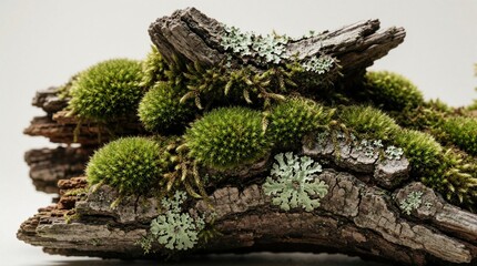 Obraz premium Decayed wood log covered in green moss, pale lichen. Close up view shows rough texture of aged tree bark, organic growth. Natural forest elements isolated on white background for eco design botanical