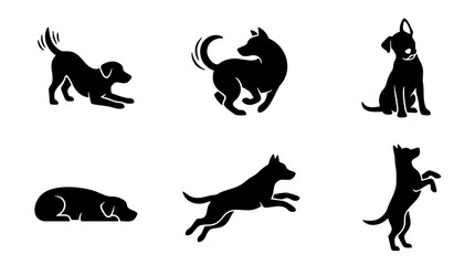 Obraz premium Six Black Dog Silhouettes, Vector Icons: Playful Pups, Active Canines, Resting Companion, Set for Pet Lovers, Animal Graphics