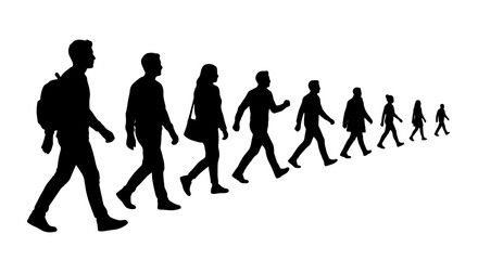 Obraz premium Diverse Group Walking Silhouette Collection, People Movement Vector Set, Casual Crowd Progression, Modern Business Lifestyle Illustration