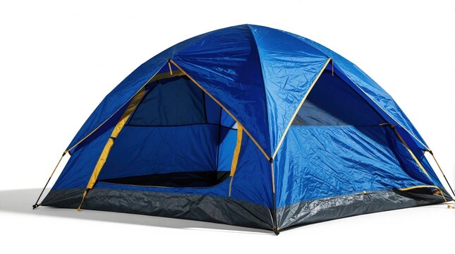 Blue dome tent set up on white background. Portable shelter for outdoor camping, travel, and recreation. Opens for easy access and ventilation, fabric provides protection.