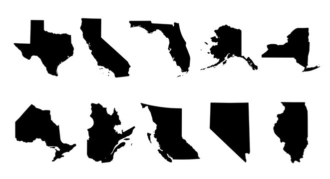 United States State Silhouettes Collection, Iconic Map Shapes Vector Set, Geographic Outline Graphics for Design and Illustration