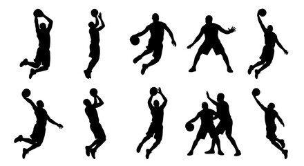 Dynamic Basketball Player Silhouettes, Action Poses Vector Set: Dunking, Shooting, Jumping, Playing Sports, Athletic Competition Graphics © Bablu