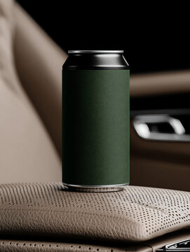Aluminum can with green textured label standing on armrest inside luxury beige car interior. Fizzy tonic in an aluminum beverage can.