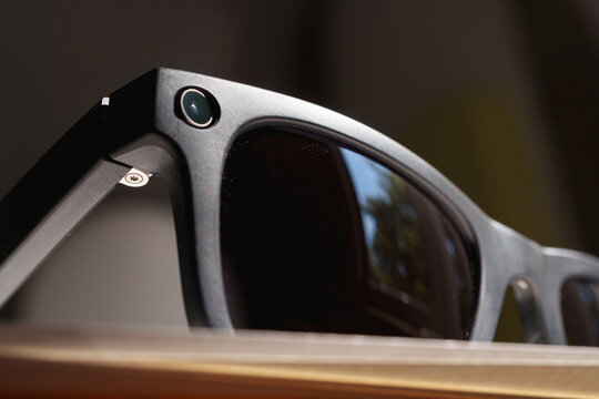 Close up of the camera integrated into the smart glasses frame