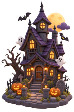 3D Halloween House with Pumpkin and Bats Illustration on Transparent Background