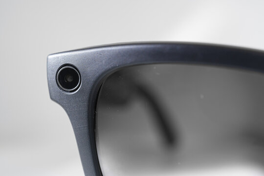 Close up of the camera integrated into the smart glasses frame