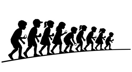 Obraz premium Diverse Children Silhouettes, Group of Kids Walking in Line, Childhood Activity Vector Art