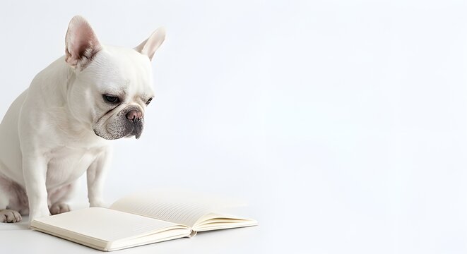 White French Bulldog looking down thoughtfully at open blank notebook