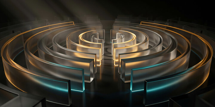 Abstract circular glass labyrinth structure with blue and gold lighting