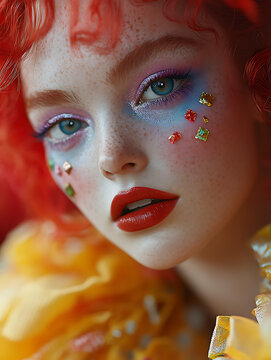 She has bright, expressive eyes, exaggerated red lips with a warm smile, and meticulously painted details &mdash; such as colorful diamonds, stars, or teardrops on her cheeks. 