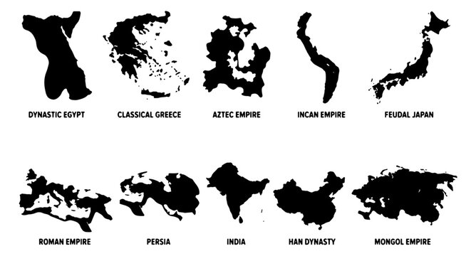 Historical Empire Silhouettes Collection: Dynastic Egypt, Classical Greece, Aztec, Inca, Feudal Japan, Roman, Persia, India, Han Dynasty, Mongol Empire Maps