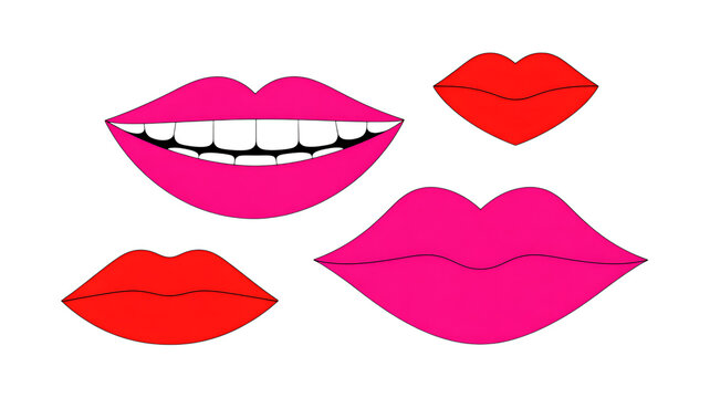 Set of colorful female lips and smiles in pink and red vector illustration
