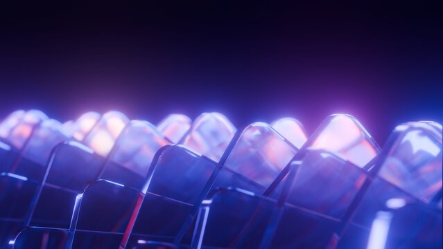 Abstract glowing glass plates background with blue and purple neon light reflections, Futuristic 3D render
