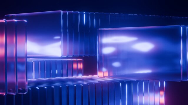 Abstract glowing glass blocks composition with blue and purple neon reflections, Futuristic 3D technology background