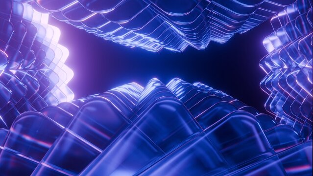 Abstract blue glowing glass blocks tunnel frame with purple neon light, Futuristic 3D technology background with copy space