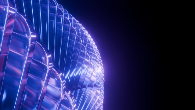 Abstract glowing blue glass sphere object with layered neon fins on dark background with copy space, Futuristic 3D render