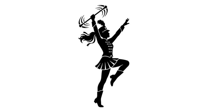 Majorette Silhouette Vector, Baton Twirling Dancer, Marching Band Performer, Dynamic Action Pose, Black and White Graphic