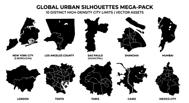 Global Urban Silhouettes Mega-Pack, 10 Distinct High-Density City Limits, Vector Assets for International Cityscape Design and Travel Concepts