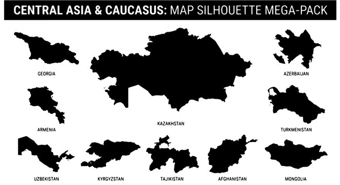 Central Asia and Caucasus Map Silhouettes Mega-Pack: Vector Country Outlines for Geographic and Travel Design Projects