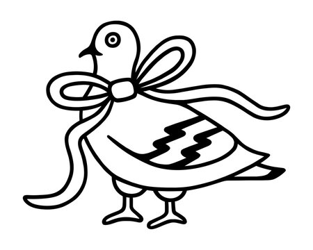Pigeon with bow outline drawing aesthetic funny city bird black ink tattoo style ribbon minimal sketch illustration. Urban wildlife doodle printable clipart design isolated on transparent background.