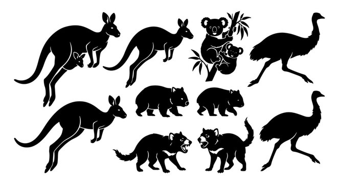Australian Wildlife Silhouette Collection: Kangaroos, Koalas, Wombats, Tasmanian Devils, Emus, Vector Icons for Nature and Fauna Designs