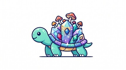 Naklejka premium Cute Fantasy Turtle with Colorful Crystal Mushroom Shell