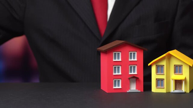 A man lists houses one after another. New home construction. Real estate investments, new home purchases. Best choice of presented options.