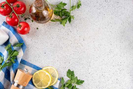 White cooking background with useful cooking dinner, lunch, healthy food ingredients
