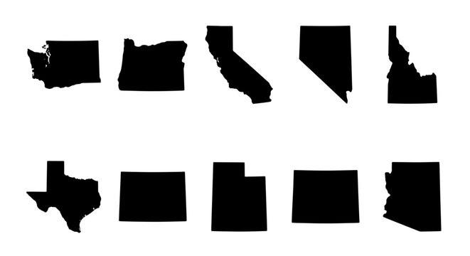Western US States Silhouette Collection: California, Texas, Arizona, Nevada, Utah, Colorado, Oregon, Washington, Idaho, Vector Graphics for Maps and Geography