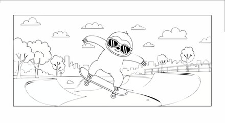 Obraz premium Cartoon sloth wearing sunglasses performing a trick on a skateboard at an urban skate park for kids coloring book.