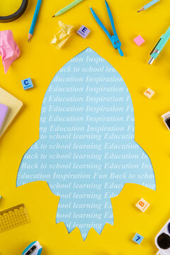 Back to school Background with Rocket with School Supplies