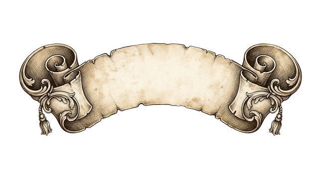 Vintage paper scroll banner with two ornate lion heads isolated on transparent background