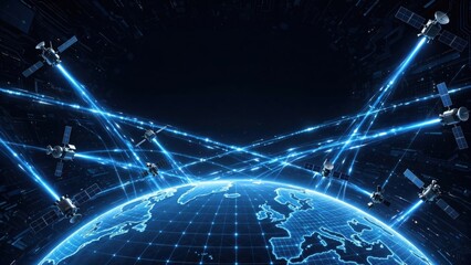Naklejka premium Global Satellite Network Connecting Earth with Digital Communication Beams.