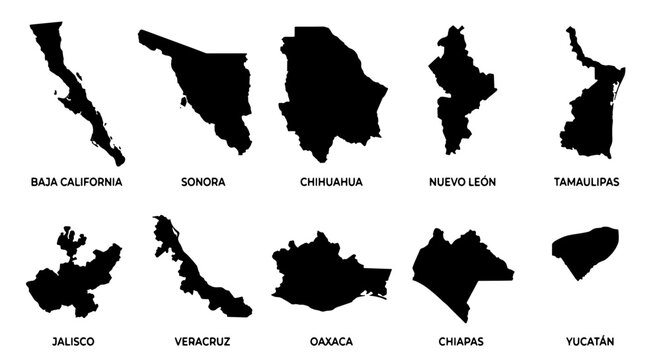 Mexican States Vector Icons: Baja California, Sonora, Chihuahua, Nuevo Le&oacute;n, Tamaulipas, Jalisco, Veracruz, Oaxaca, Chiapas, Yucat&aacute;n Silhouettes for Travel and Geography