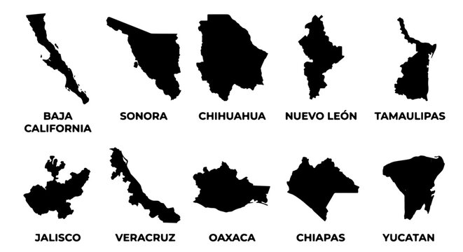 Mexican States Silhouettes Collection, Baja California, Sonora, Chihuahua, Nuevo Le&oacute;n, Tamaulipas, Jalisco, Veracruz, Oaxaca, Chiapas, Yucat&aacute;n Vector Graphics