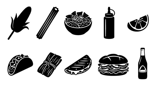 Mexican Food Icons Set: Taco, Tamale, Nachos, Corn, Lime, Sandwich, Sauce Bottle, Beverage Bottle