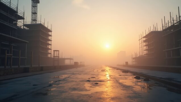 Construction site with unfinished buildings at sunrise. Industrial cityscape with scaffolding and crane during dawn. Urban development, infrastructure project and engineering concept.