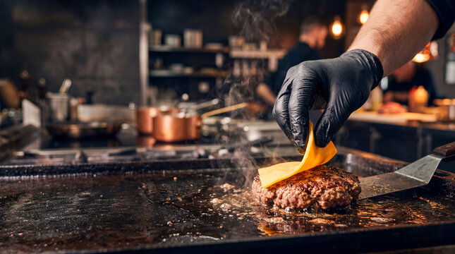 Master Chef Crafting Burger: A gloved hand carefully places a slice of cheese atop a sizzling beef patty on a griddle in a professional kitchen, capturing the art of burger preparation.