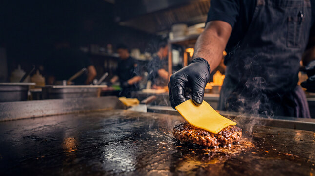 Chef Cooking Burger: A chef in a professional kitchen expertly cooks a juicy burger on a hot griddle, melting a slice of cheese on top, capturing the essence of culinary craftsmanship.