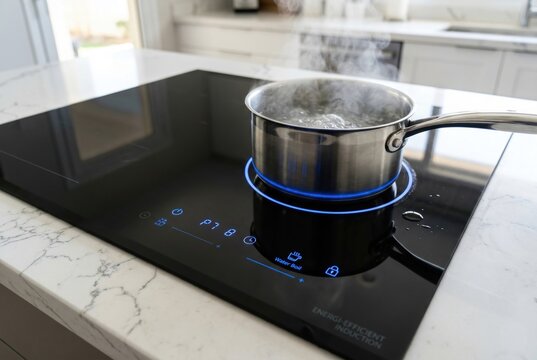 Boiling water in a stainless steel saucepan on black induction cooking surface
