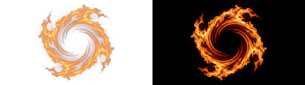 Fiery swirl vortex on black and white backgrounds, abstract fire spiral elements, orange flame circular motion graphics