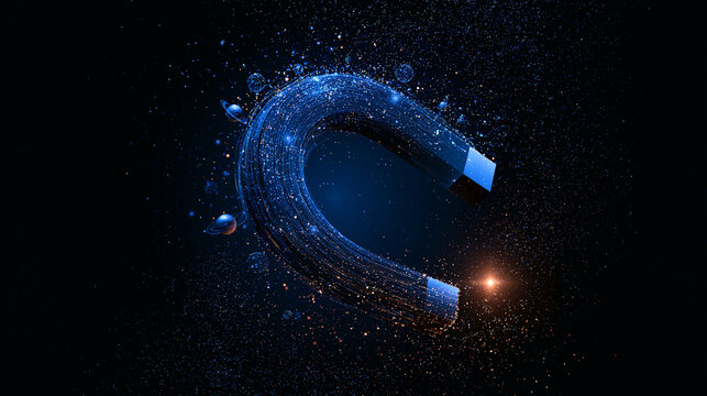 Magnetic horseshoe glowing in a digital particle cloud of force fields with horseshoe attraction technology particles experiment discovery industrial metallic