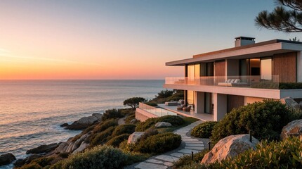 Obraz premium Modern luxury villa perched on a rocky cliff overlooking ocean at sunset. Stone path leads through lush green bushes to elegant terrace with sea view. Peaceful coastal residence at twilight.