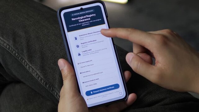 A user views a digital application form for a substance abuse clearance certificate. The screen highlights the document's acceptance by courts and employers, emphasizing the role of mobile technology 