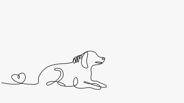 Continuous single line art drawing animation of woman with dog on white background
