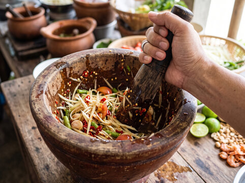 Hand pounding spicy Thai green papaya salad som tum in rustic wooden mortar