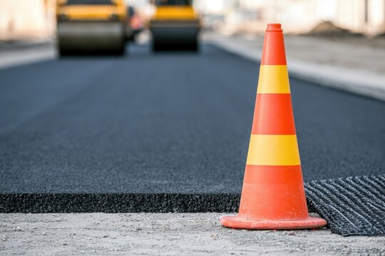 Orange cone marks new asphalt road paving with steam rollers in background